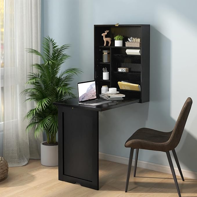 Wall Mounted Desk, Fold Out Convertible Desk with Storage Shelves, Space Saving Wall Folding Table, Home Office Floating Desks for Small Spaces (Black)