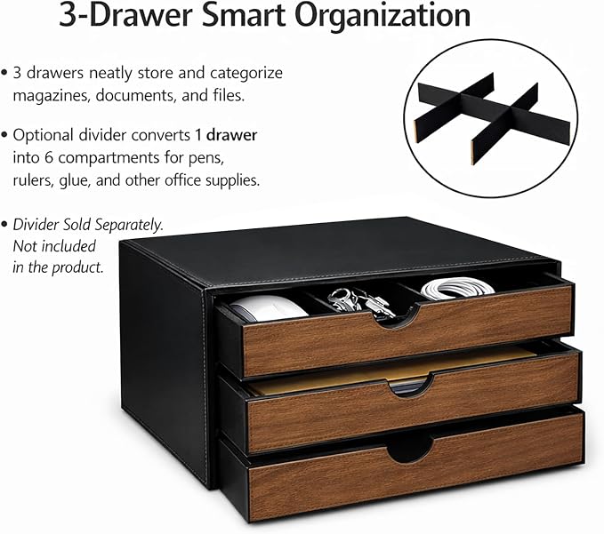 UnionBasic Document Organizer, 3-Drawer File Cabinet Document Storage Box, Office Desktop Filing Organizer, Black with Wood Grain Drawers