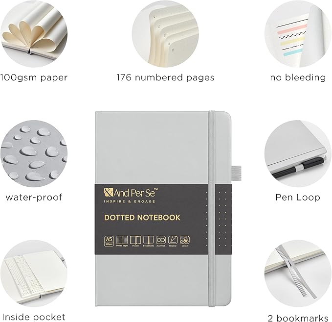 &And Per Se A5 Hardcover Dotted Notebook Kit for Beginners – 176 Numbered Pages, 100gsm Thick Paper, Includes Stencils & Fineliner Pen | Leather Bullet Journal with Templates, Lay Flat Design, Premium Gift for Women Men (Grey)