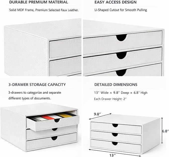 UnionBasic Document Organizer, 3-Drawer File Cabinet Document Storage Box, Office Desktop Filing Organizer, Croco White