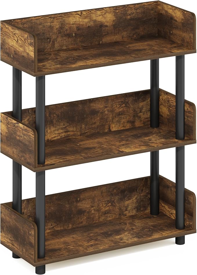 Furinno TURN-N-TUBE Display Shelf, 3-Tier Storage Shelves with Side Panels, Open Shelves Book Shelf with Rounded Corner Top Edges, for Organization and Storage, Living Room, Home Office, Amber Pine