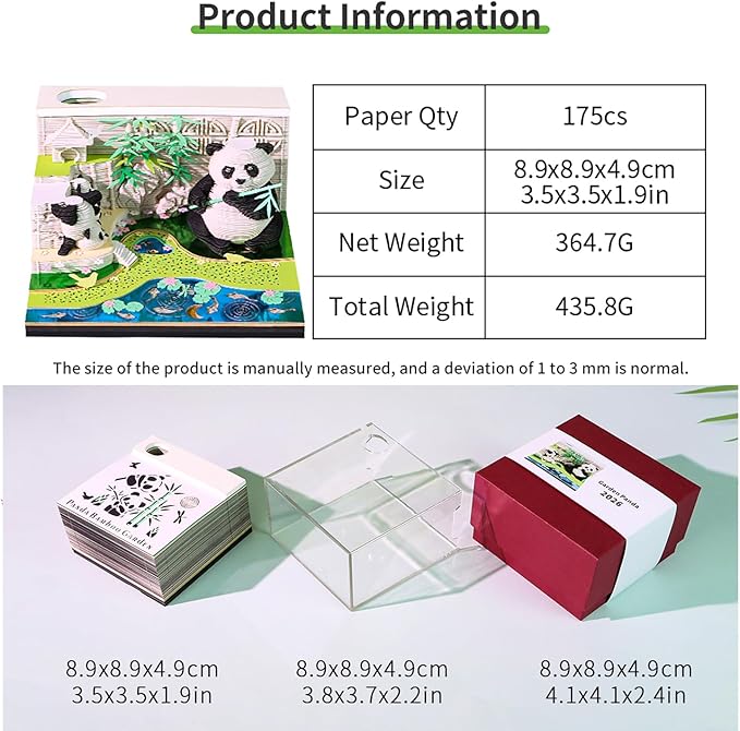 3D Art Calendar Memo Pad 2026, Tear Away 3D Paper Carving Time Piece Calendar Notepad Creative DIY Note,Bamboo Garden Panda