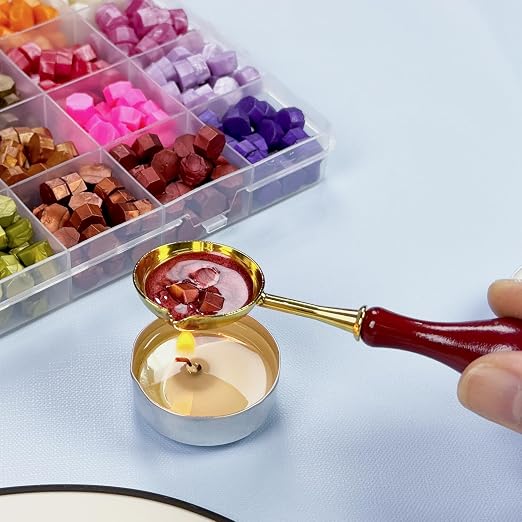 24 Colors Sealing Wax Beads for Wax Seal Stamp with 4Pcs Tea Candles and 1 Pcs WaxMelting Spoon for Gift, Wedding Invitation,Letter Envelopes,Sealing Wine Bottle