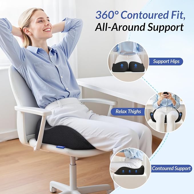 ZIKEE Contoured Ergonomic Seat Cushion for Effective Pain Relief, Non-Slip | Office Chair Cushion for Sciatica, Back, Tailbone Pain Relief, High-Density Memory Foam Car Seat Cushion for Sitting Comfort