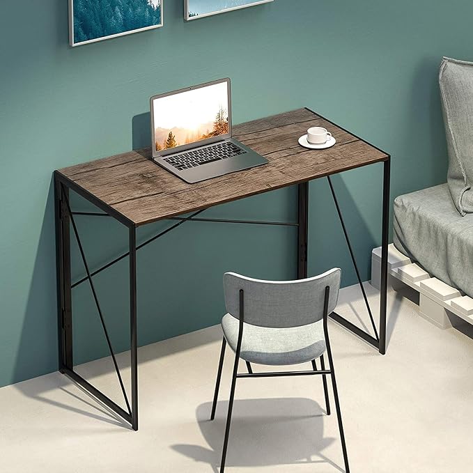 Garden Elements Modern Small Folding Computer Desk, Portable, Space-Saving Home Office Desk with Sturdy Metal Frame, Brown, 39"
