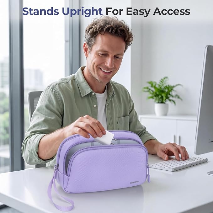 Skycase Travel Cable Organizer - Lightweight Water Resistant Dual-Layer Tech Pouch with Wrist Strap 11 Compartments Electronic Organizer Travel Case for Charger Cord Hard Drive,Large,Purple