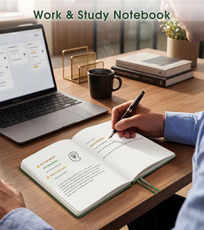 Dotted Journal Notebook, A5 Leather Hardcover, 160 Pages, 180° Lay-Flat Binding, 100 GSM Thick Paper, Dot Grid for Bullet Journaling, Planning & Daily Organization (Green)