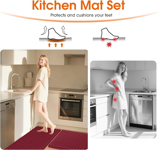 TranquilRelax Kitchen Mats, 2PCS Kitchen Rugs, Cushioned Anti Fatigue Kitchen Mats for Floor, Non-Slip Standing Desk Mat, Waterproof Kitchen Rug Set for Kitchen, Floor, Office,17.3"×30"+17.3"×47",Red