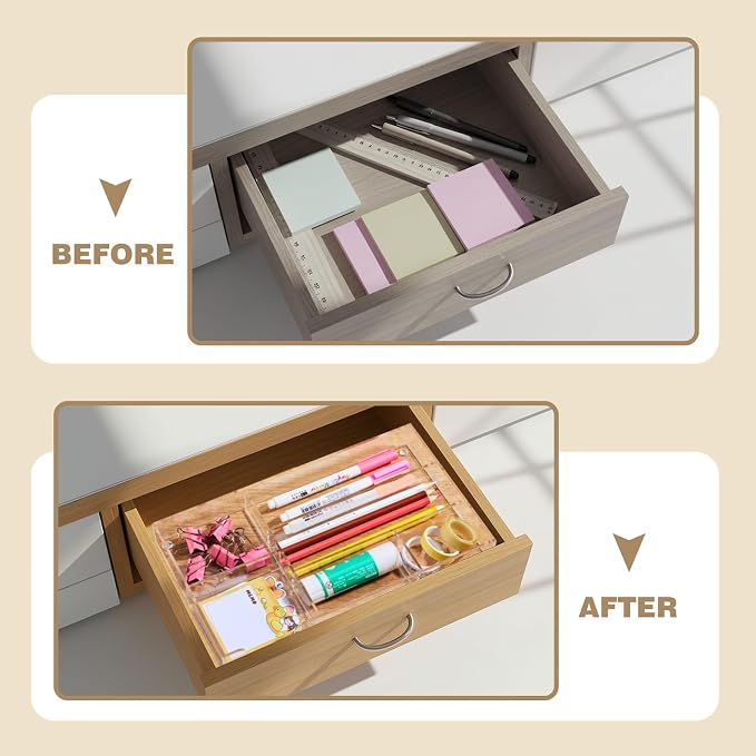 Briwooody Clear Acrylic Drawer Organizer,6 Compartments,Small | 11 x 6.1 x 1.38 Inche Desk Storage Tray Organizer for Pen, Stationery, Desktop, Office, Bathroom, Kitchen, Makeup Supplies