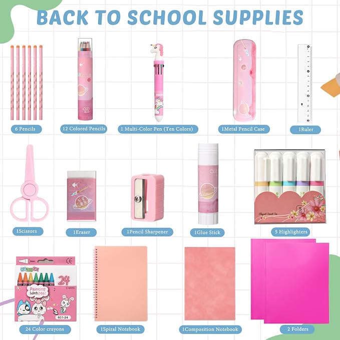 Sabary 58 Pcs Back to School Supply Bundle Kit for Girls Grades K-12, Essentials Box of Supplies Bundle, School Classroom Essentials Include Folders Notebook Pencil Pen Ruler Scissor and More(Pink)