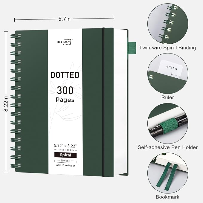 RETTACY Dotted Journal Notebook, 300 Pages, A5 Medium Size (5.7'' × 8.2''), 100 GSM Thick Paper, Flexible Plastic Cover, Spiral-bound, for Journaling, Planning, Tracking (Deep Green)