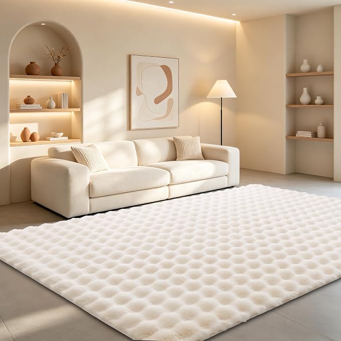 Creamy White Rabbit Plush Rug 4'x6', Fluffy Shaggy Area Rug for Nursery & Kids Room, Faux Fur Carpet for Girls Bedroom, Living Room, Teen Decor