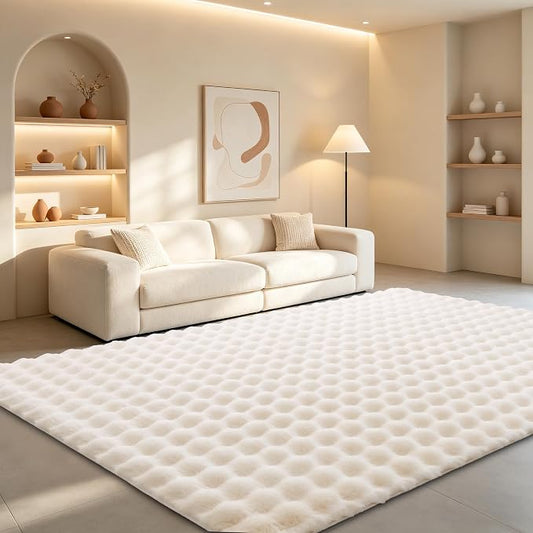 Creamy White Rabbit Plush Rug 4'x6', Fluffy Shaggy Area Rug for Nursery & Kids Room, Faux Fur Carpet for Girls Bedroom, Living Room, Teen Decor