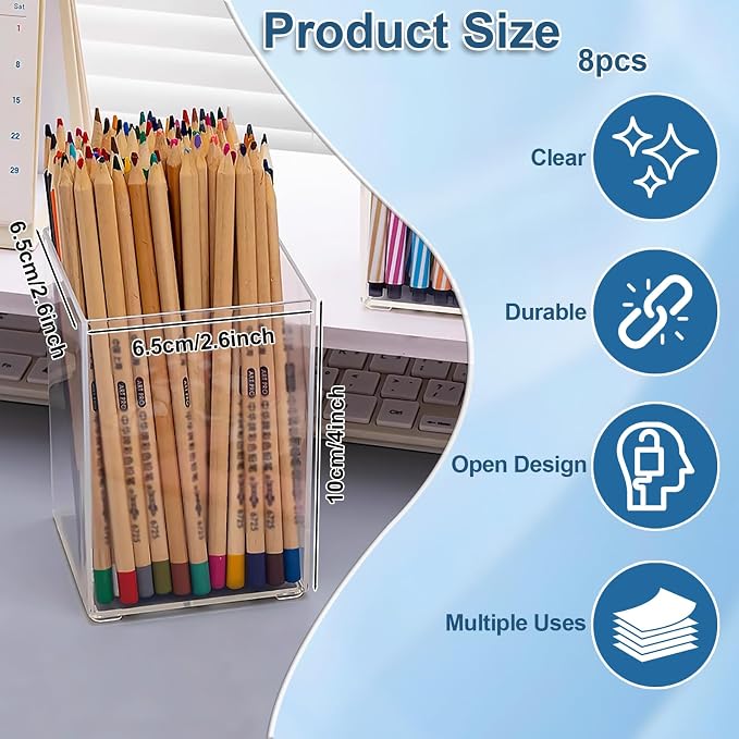 CEYAZYE 10 Pcs Clear Acrylic Pencil Holder, Square | Pen Pot, Transparent Makeup Brush Storage, Desktop Organiser, For Home Office School Supplies
