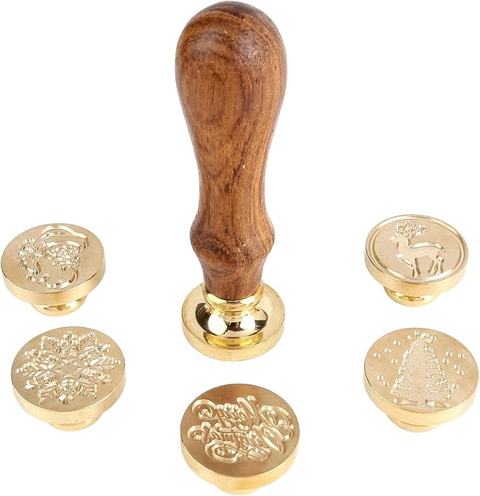 Yoption 6 Pcs Wax Seal Stamp Set, Christmas Sealing Wax Stamps Kit, Wooden Handle with Brass Head for Christmas Greeting Cards Gift