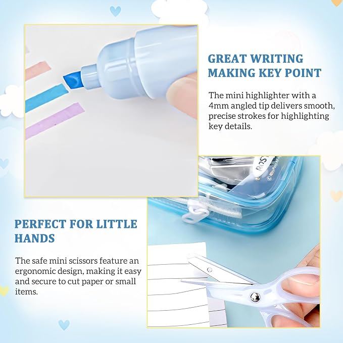 7pcs Mini Stationary Kit with Compact Scissors Hole Punch Portable Stapler Mini School Supplies Kit Blue Stapler and Tape Dispenser Set for Students Christmas Gifts (Blue)