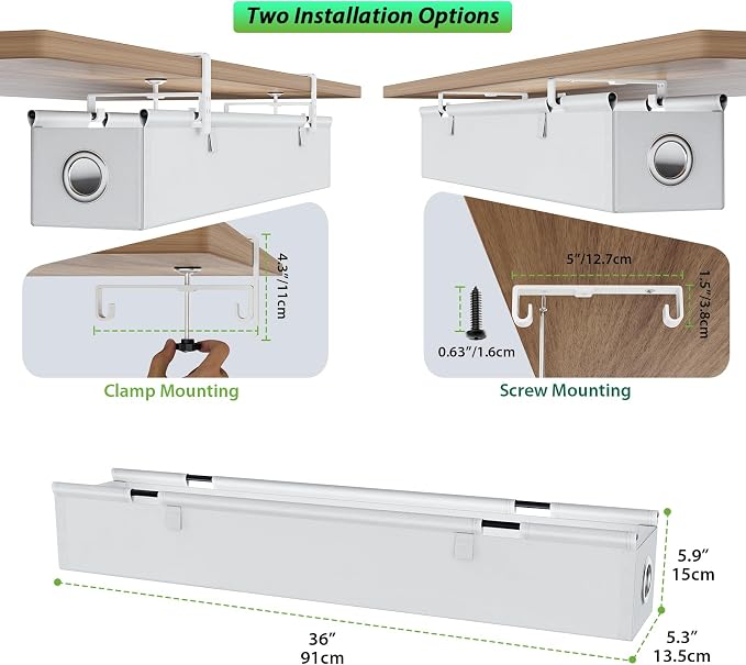 KEEGH Under Desk Cable Management Tray 36", No Drill Cord Organizer, White | Heavy Duty, Large Capacity, 3-Level Clamp Fit 0"-2.5" Desks, Clamp/Screw Mount, for Home, Office, Gaming, Room, Studio