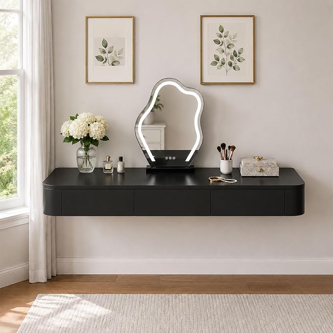 Floating Makeup Vanity Desk with Drawers Wall Mounted Makeup Table with Storage Fully Assembled Floating Vanity Desk Space Saving Modern Dressing Table for Bedroom Closet(Black,63")