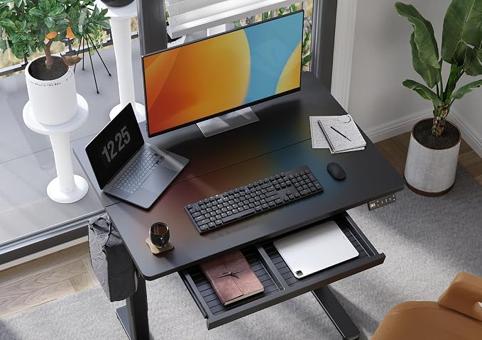 Claiks Electric Standing Desk with Drawer 40 Inch Black | Sturdy steel frame supports 176 lbs, 28.35 to 46.46 inch height range, 45 dB quiet motor, built-in wire holes