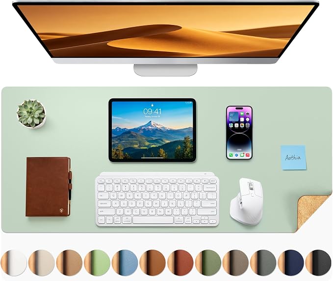 Aothia Double-Sided Desk Pad - 35.4" x 15.7" Leather Desk Mat with Eco Cork Protector, Large Mouse Pad, Waterproof Desk Blotter for Office/Home (Aqua)