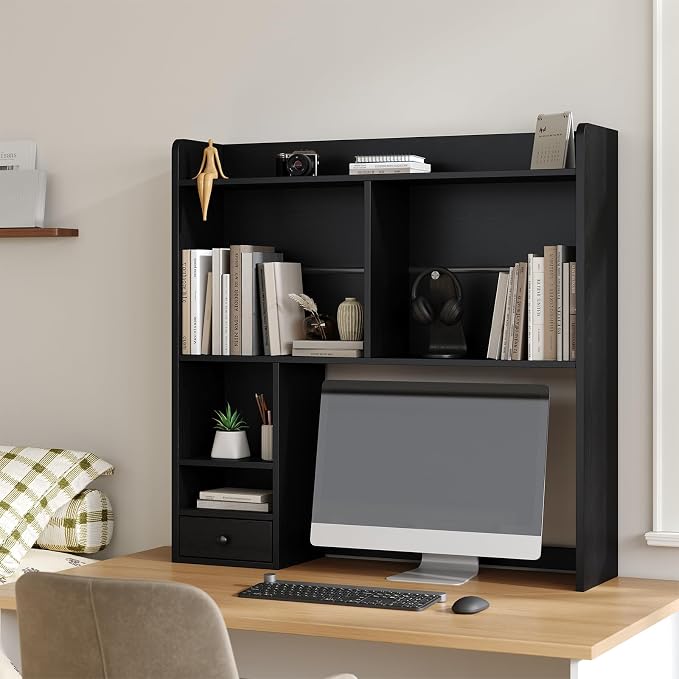 knoworld Desktop Bookshelf for 27" Monitor, Space-Saving Engineered Wood Desk Hutch Organizer with Adjustable Shelves & Drawer, Clutter-Free Tabletop Bookcase for Dorm & Home Office, Black