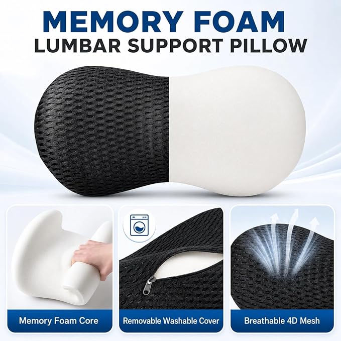 Lumbar Support Pillow for Office Chair – Ergonomic Memory Foam Lower Back Cushion with Breathable 4D Mesh & Adjustable Strap, Back Support for Car Seat, Desk Chair & Gaming Chair