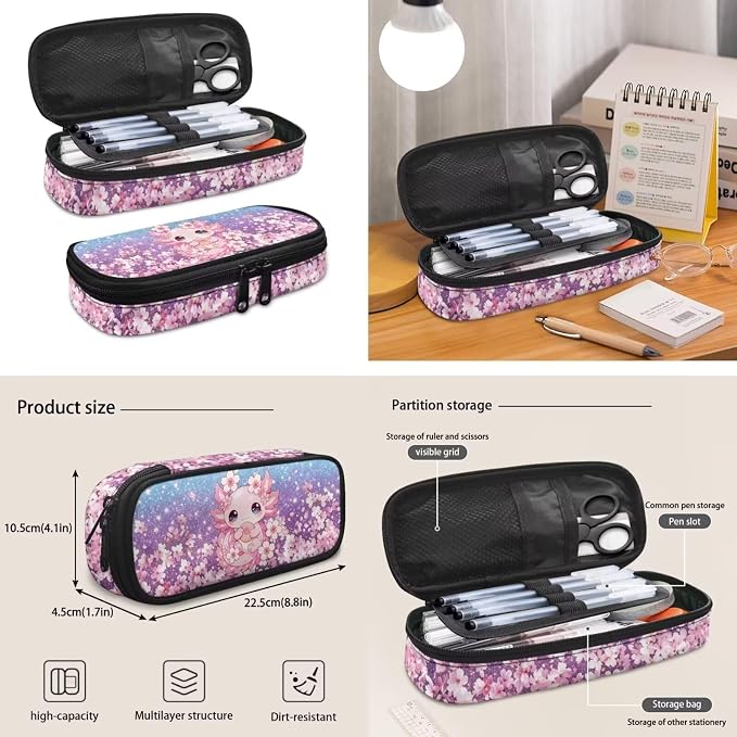 Cherry Blossoms Axolotl Girls School Backpack Set 4 PCS, 17 Inch Cute Cartoon Bookbag with Insulated Lunch Bag for Kids Ages 6-8 Elementary Back to School Supplies