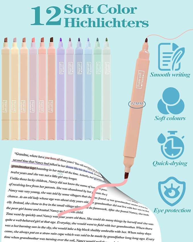 54pcs Aesthetic School Supplies Cute Stationary Set with Pencil Case 12 Highlighters, 5 Black & 6 Color Ink Gel Pens, 6-in-1 Ballpoint Pen,5 Mechanical Pencils 0.5-2.0mm for College Essentials (Blue)