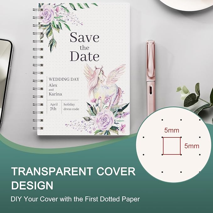 EMSHOI Spiral Notebook Dotted journal, A5 Dotted Grid Notebook with 300 Pages, 100gsm Thick Paper, Waterproof Softcover Notebook for Journaling, 5.7" × 8.22" - Transparent