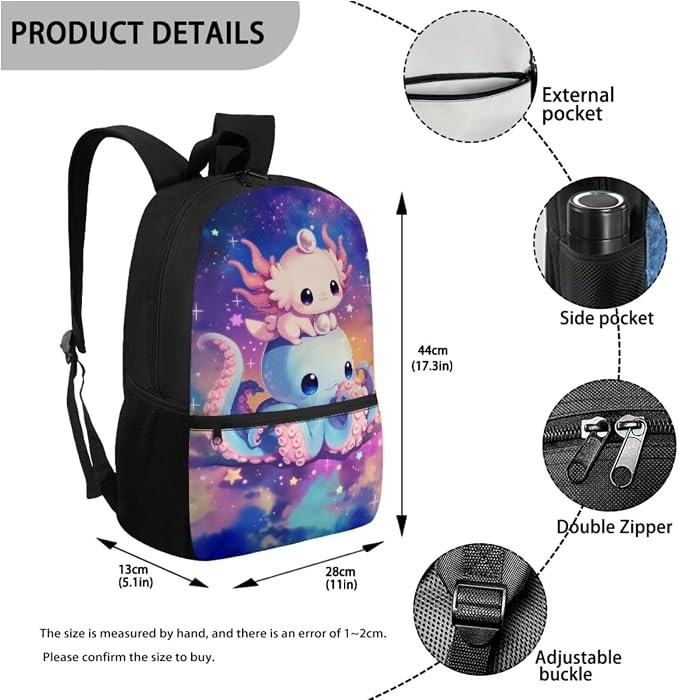 WELLFLYHOM 4 PCS Axolotl School Backpack Set for Girl 6-11, Cute 17 Inch Octopus Backpack with Lunch Box for Kids Back to School, Child Supplies for All Day Use