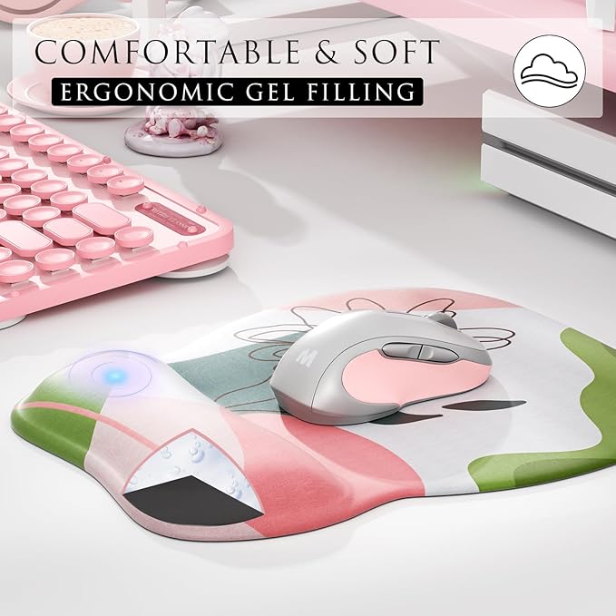 MROCO Ergonomic Mouse Pad with Gel Wrist Rest, Smooth Wrist Support Surface, Non-Slip PU Base for Pain Relief, Comfortable Mousepad for Computer, Laptop, Office & Home, 9.4 x 8.1 in, Pastel Petals