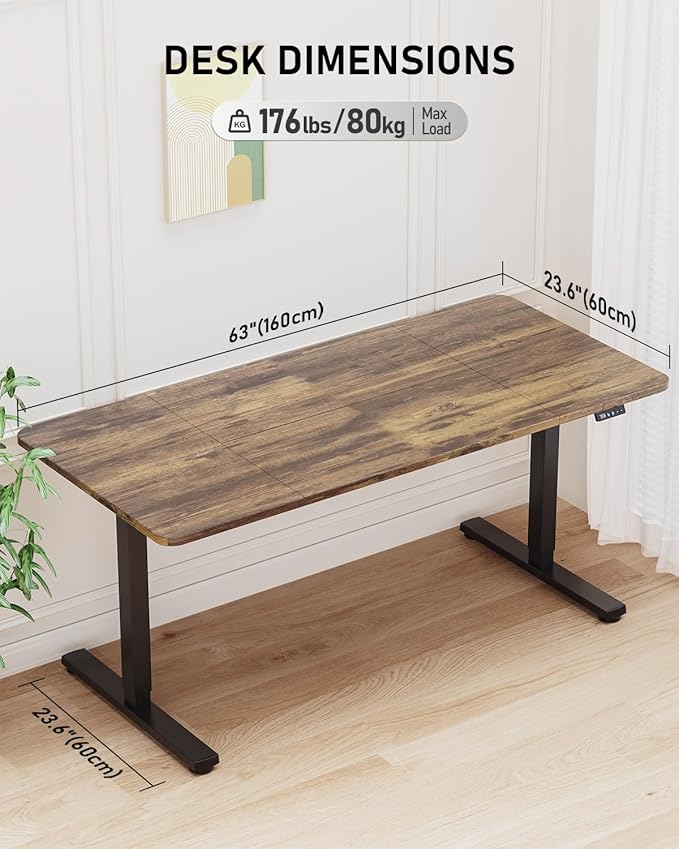 63" Electric Standing Desk Adjustable Height, Sit Stand up Desk for Home Office & Computer Workstation, 2 Memory Height Settings, Splice Board, 2 Hooks, Black Frame/Rustic Brown Top