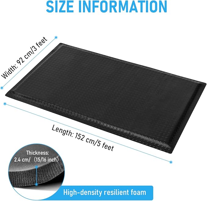 Anti Fatigue Mat 3x5Ft 15/16" Thick Soft Sponge Ergonomic Mat Black | Dense Comfort Double Shift Floor Mat Tenacious Diamond Ridge Unwavering Standing Mat Woodshop Metal Fabrication