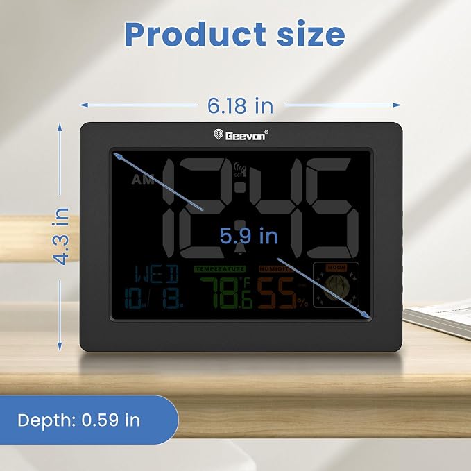 Geevon Atomic Clock 5.9" Color Display with Temp & Humidity | Digital Wall Clock Self-Setting,Moon Phase,Battery or DC Adapter Powered,Large Display for Bedroom Living Room Office