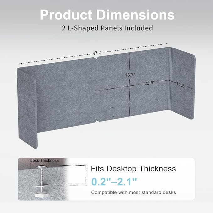 Desk Privacy Panel, 2-Pack L-Shaped Desk Divider, Acoustic Office Partition | Clamp-on 47.2" × 18.7" PET Felt Panels, Tackable Surface for Notes, Create Private Workspace Reduces Noise, for Home Office