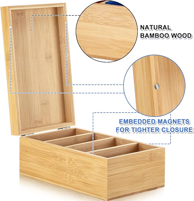 3 x 5 Inch Index Card Holder Set, Bamboo Organizer Box with 50 Dividers & 2 Sheets Alphabet Number Stickers File Note Holders, Holds 1200 Cards for Office Business Home Kitchen, Wooden Color