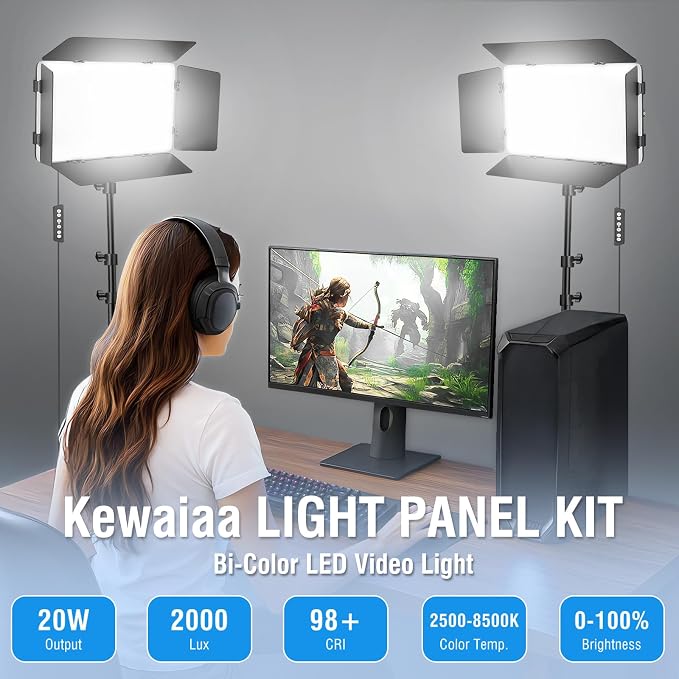 2 Pack LED Video Light with Barndoor, 20W Bi-Color LED Studio Lights Panel, 2500K-8500K Dimmable Photography Lighting Kit for Video Recording Shooting Live Streaming Podcast