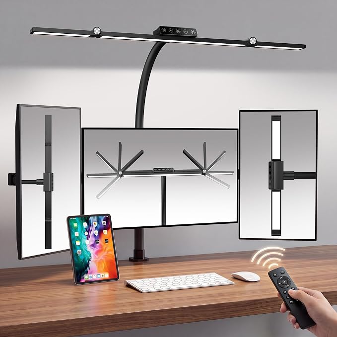 LED Desk Lamp with Clamp, 24W 3-Panel Light for Dual Monitors | 1800 Lumens, 96 LED, 3 Adjustable Panels, 360° Gooseneck, 2700K-6500K Color Temps, Remote, Touch Control, Memory Function