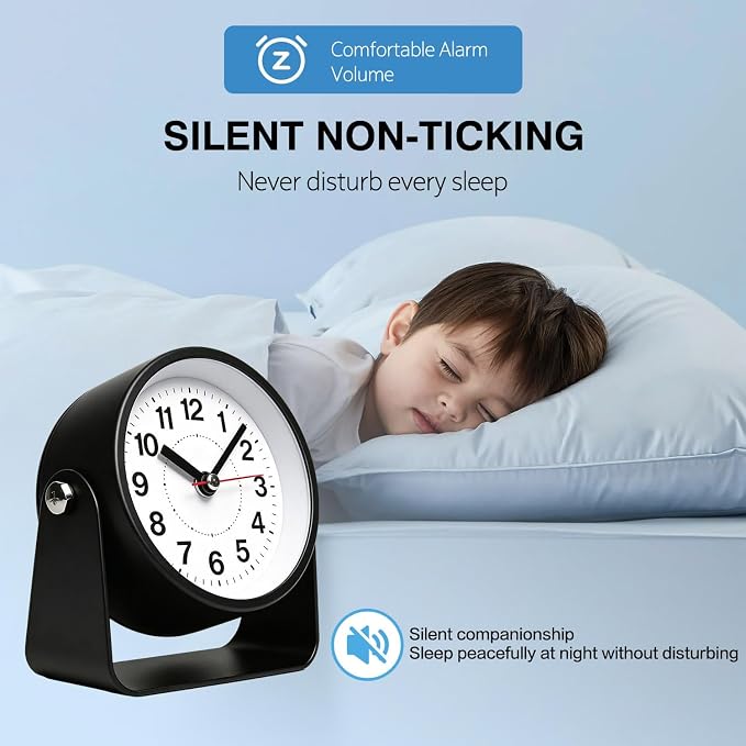 3.5" Analog Alarm Clock Snooze 360° Adjustable Angle | Small Retro Desk Clock Battery Operated, Silent Metal Table Clock with Snooze Night Light, Bedroom Bedside Clock for Adults