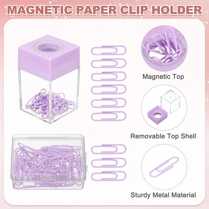 PATIKIL Magnetic Paper Clip Holder Dispenser, 2Pcs Large Capacity Paper Clip Organizers with Magnetic Top for Desk Supplies, Office, Classroom, Home, Purple/White(36Pcs, Multicolor Clip)