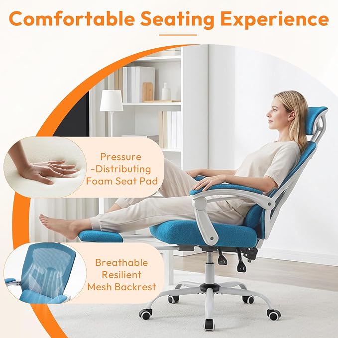 Ergonomic Desk Chair, High Back Office Chair with Wheels, Elegant Blue | Computer Chair with Footrest, Swivel Reclining Gaming Chair with Headrest, Comfy Armrest for Home, Office, Work, Study