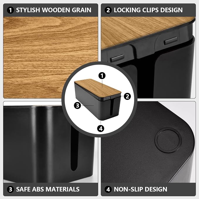 Tuwechen Cable Management Box, Large Cable Organizer Box to Hide Wires | Wooden Grain Design, TV & Desk Computer Wires Cord Hider, Desk Cord Organizer, Floor Outlet Hiders, for Home & Office, Black