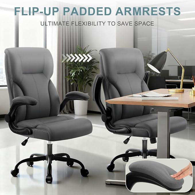 Executive Office Chair,High Back Ergonomic Comfy Desk Chair with Padded Flip-up Armrests and Wheels,PU Leather Heavy Duty Computer Swivel Rolling Task Chair for Home Office,Adults,Gray