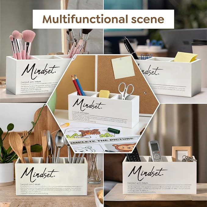Mindset Definition Inspirational Pen Pencil Utensil Holder | Motivational Gifts for Women Men, Wood Desk Organizer and Accessories for Office Tabletop