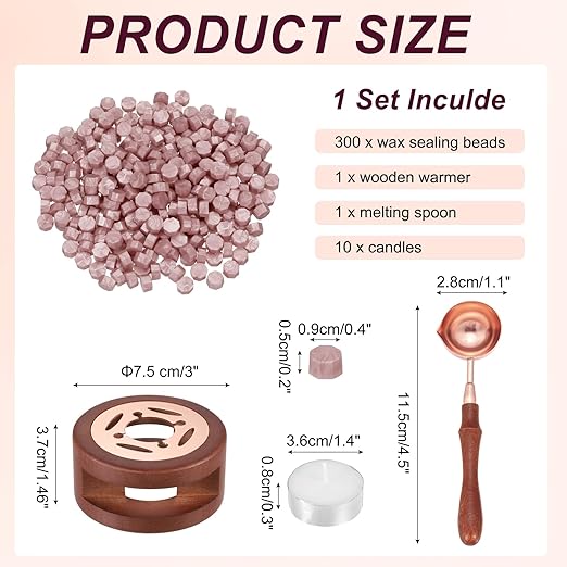 PATIKIL Wax Seal Kit, 300 Pcs Wax Sealing Beads, Wooden Warmer, Melted Spoon, 10 Pcs Tealight Candles for Envelope Letter Mailing Crafts DIY, Rose Gold