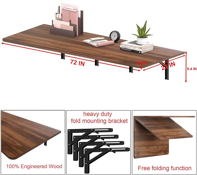 IAE 72" x 22" Floating Foldable Desk,Wall-Mounted Folding Computer Table with Engineered Wood,Study Table with Shelf Brackets,Fold Down Shelf,Fold Computer Desk for Small Apartment,Holds 500 lb,Walnut