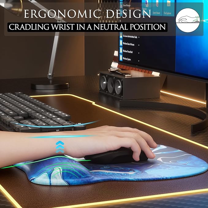 MROCO Ergonomic Mouse Pad with Gel Wrist Rest, Smooth Wrist Support Surface, Non-Slip PU Base for Pain Relief, Comfortable Mousepad for Computer, Laptop, Office & Home, 9.4 x 8.1 in, Blue Waves