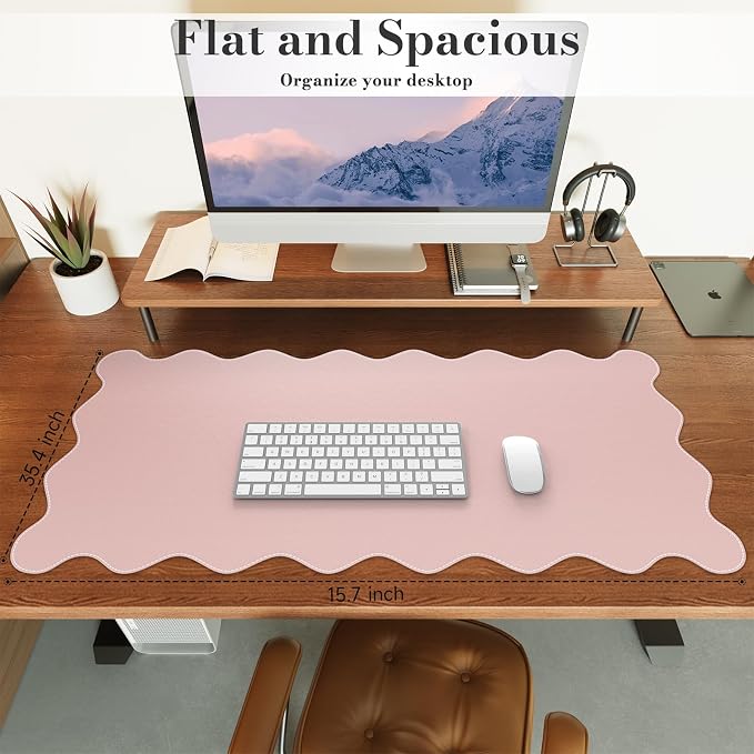 iCasso Pink Leather Desk Mat,Extra Large Scalloped Mouse Pad for Desktop,Waterproof PU Nail Table Mat,Cute Keyboard Mats for Women Girl,Non-Slip Desk Cover Mat for Office Home Dorm