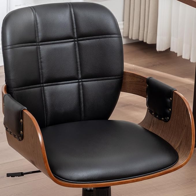 Conference Table Chair with Walnut Finish,Mid Century Modern Office Chair | Ergonomic Curved Back, Bentwood Frame, 360° Swivel & Rocking Function, Height Adjustable 19"-23", Support Up to 350lbs