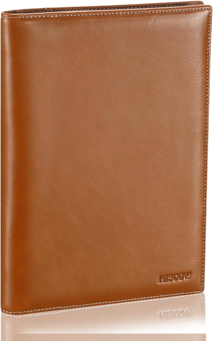 HISCOW Slim Leather Junior Padfolio, 5x8 Notepad Cover, Antiqued Brown | Full-grain buffalo leather, top-loading legal pad holder, rigid pen loop, quick-access card slot, zipperless boardroom design